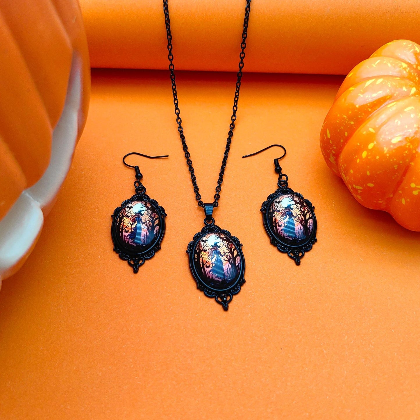 Vintage Halloween Tree Of Life And Witch Necklace and Earrings Sets