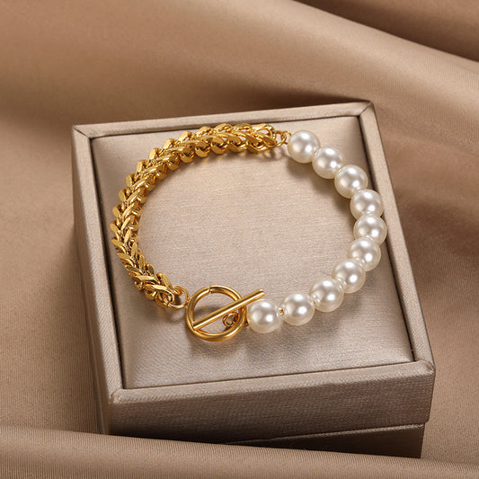 "On the Cusp"- Simulated Pearl and Stainless Steel Bracelet