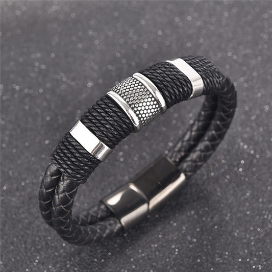 Woven Leather Titanium Stainless Steel Bracelet