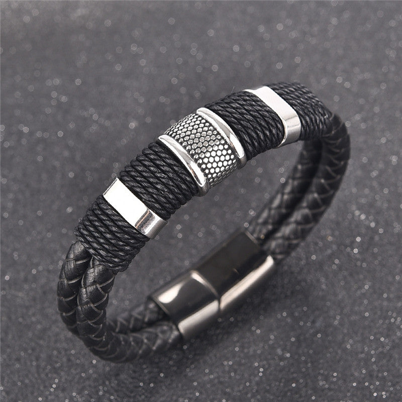 Woven Leather Titanium Stainless Steel Bracelet