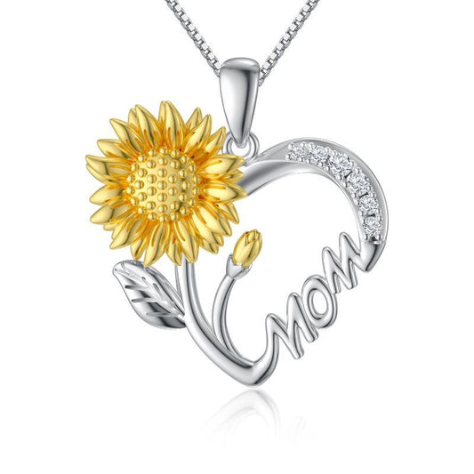 "Mom"  - 925 Sterling Silver Sunflower Heart Pendant Necklace