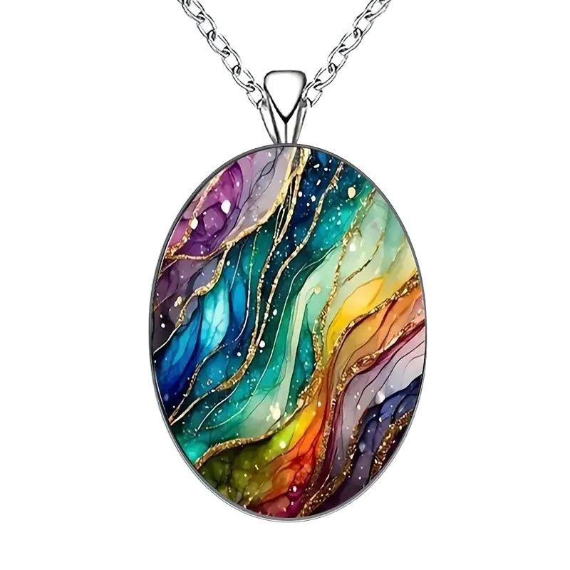 Multicolor Retro Ripple-pattern Oval Glass Pendant Necklace