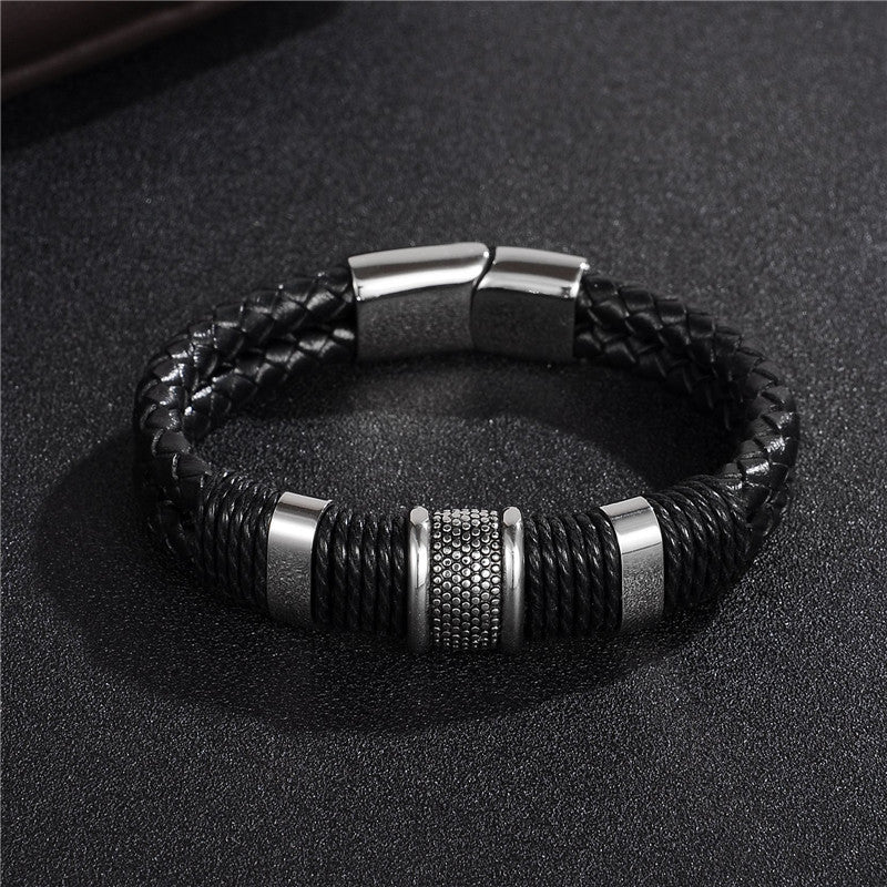 Woven Leather Titanium Stainless Steel Bracelet