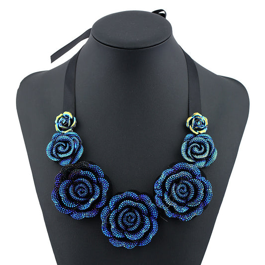 "The Only Blue You Knew" -  Rose Flower Statement Necklace