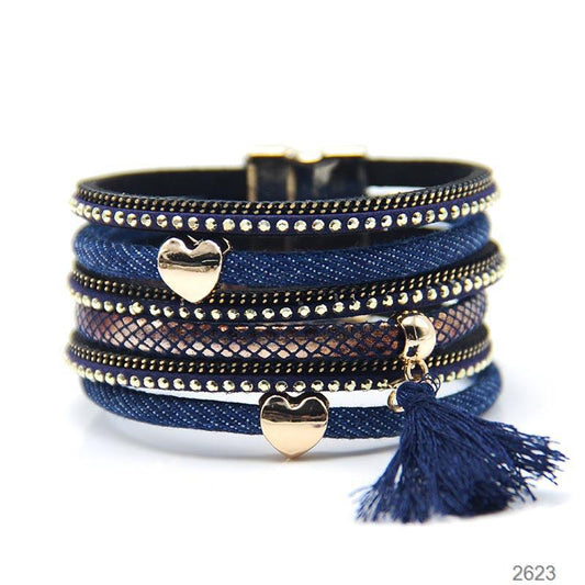 Multi-Layered Denim Leather Magnetic Buckle Bracelet