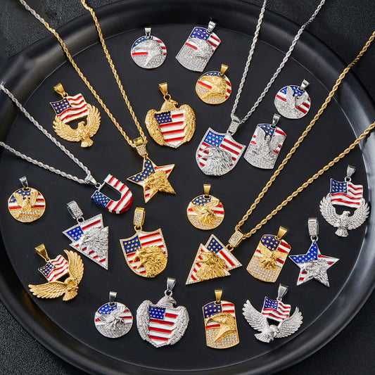 Alloy Diamond-Inlaid Painted National Flag Eagle Pendant Necklace