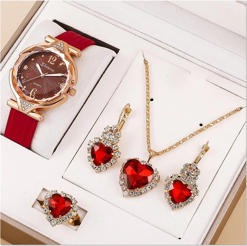 "Inspired by Ruby" - Diamond Jewelry Watch Set 6pcs