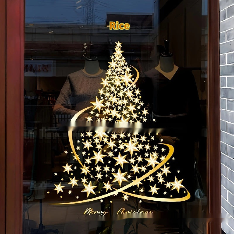 Golden Christmas Tree Sticker for Glass Door and Window Display