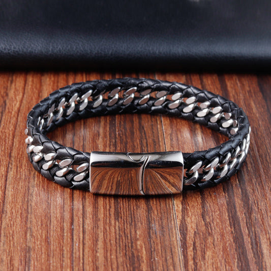 Polished Titanium Steel Leather Bracelet