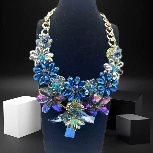 Crystal Blue Glass Floral Statement Necklace