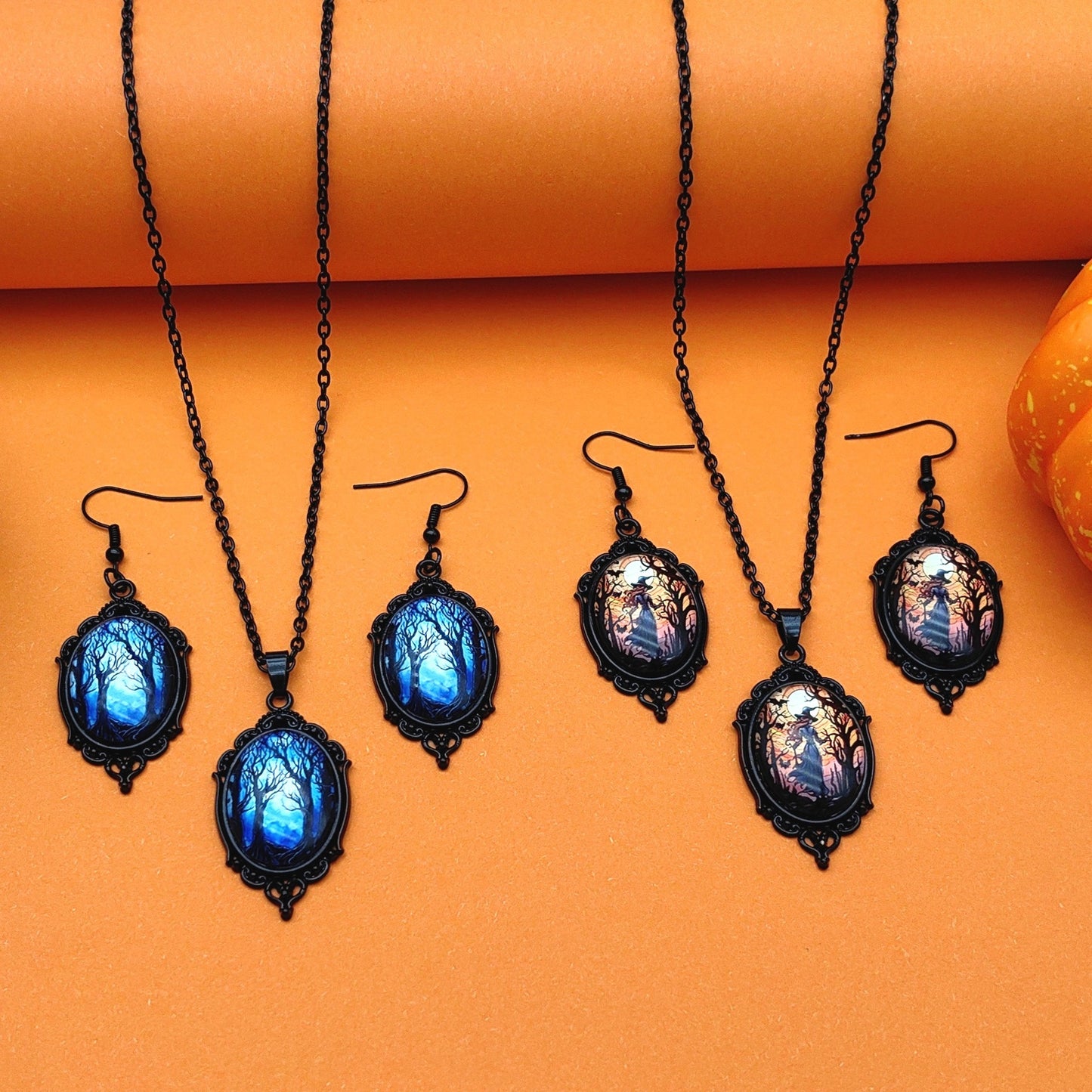 Vintage Halloween Tree Of Life And Witch Necklace and Earrings Sets