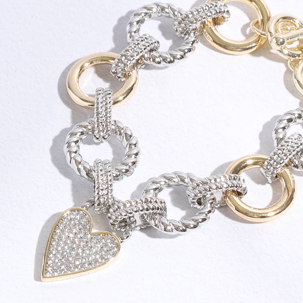 "Paved Heart"-  Charm Link Chain Bracelet