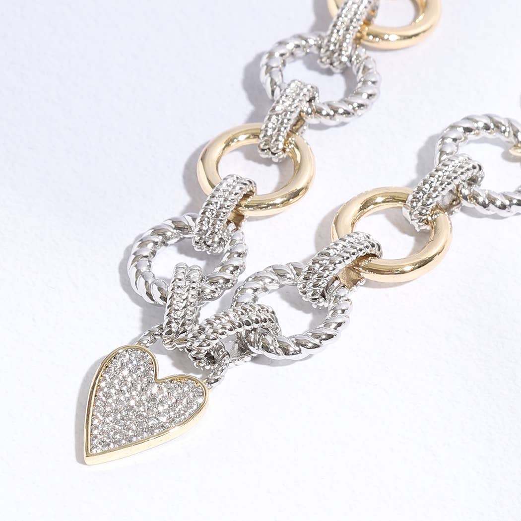 "Paved Heart"-  Charm Link Chain Bracelet