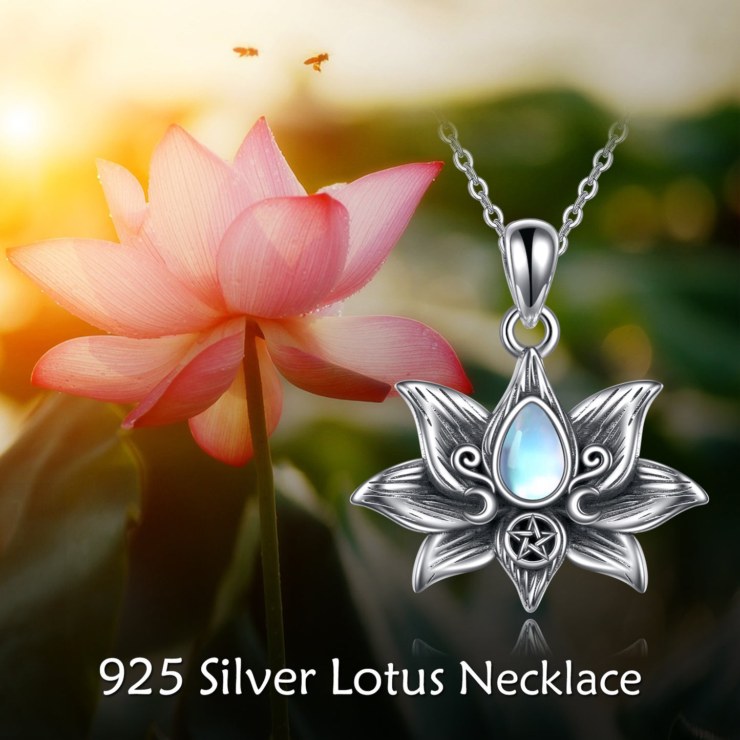 "Lotus Moonstone" - Lotus Flower Pendant Necklace