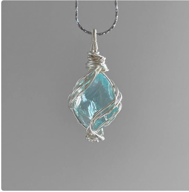 "Dear Turquoise" - Handmade Winding Glass Raw Stone Crystal Necklace