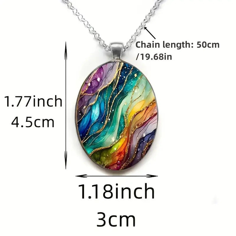 Multicolor Retro Ripple-pattern Oval Glass Pendant Necklace