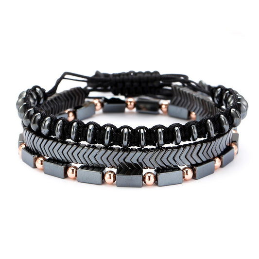 Black Iron Stone Flying Saucer Woven Bracelets - Set of Three