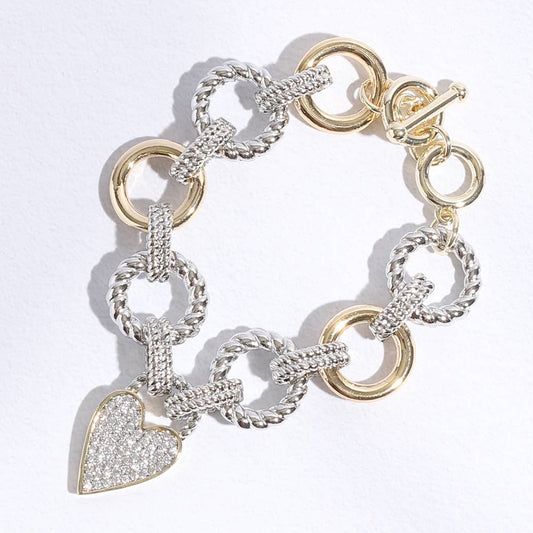 "Paved Heart"-  Charm Link Chain Bracelet