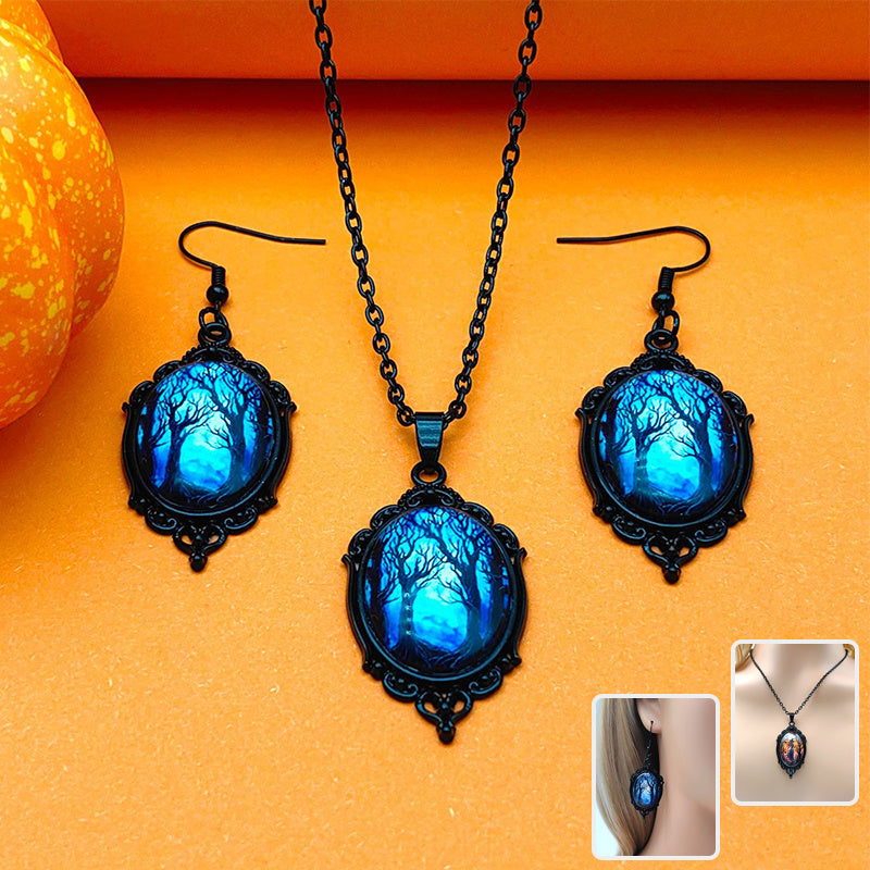 Vintage Halloween Tree Of Life And Witch Necklace and Earrings Sets