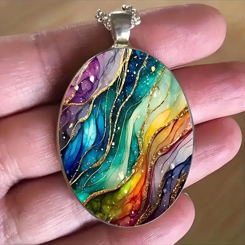 Multicolor Retro Ripple-pattern Oval Glass Pendant Necklace