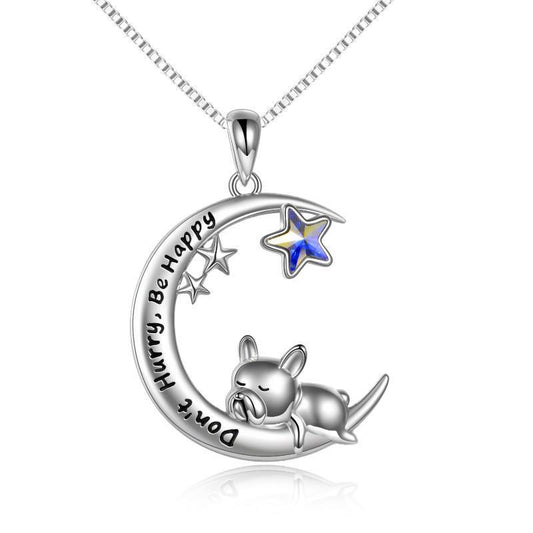 "Don't Hurry, Be Happy" - French Bulldog Moon Pendant Necklace