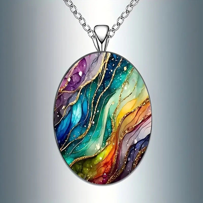 Multicolor Retro Ripple-pattern Oval Glass Pendant Necklace